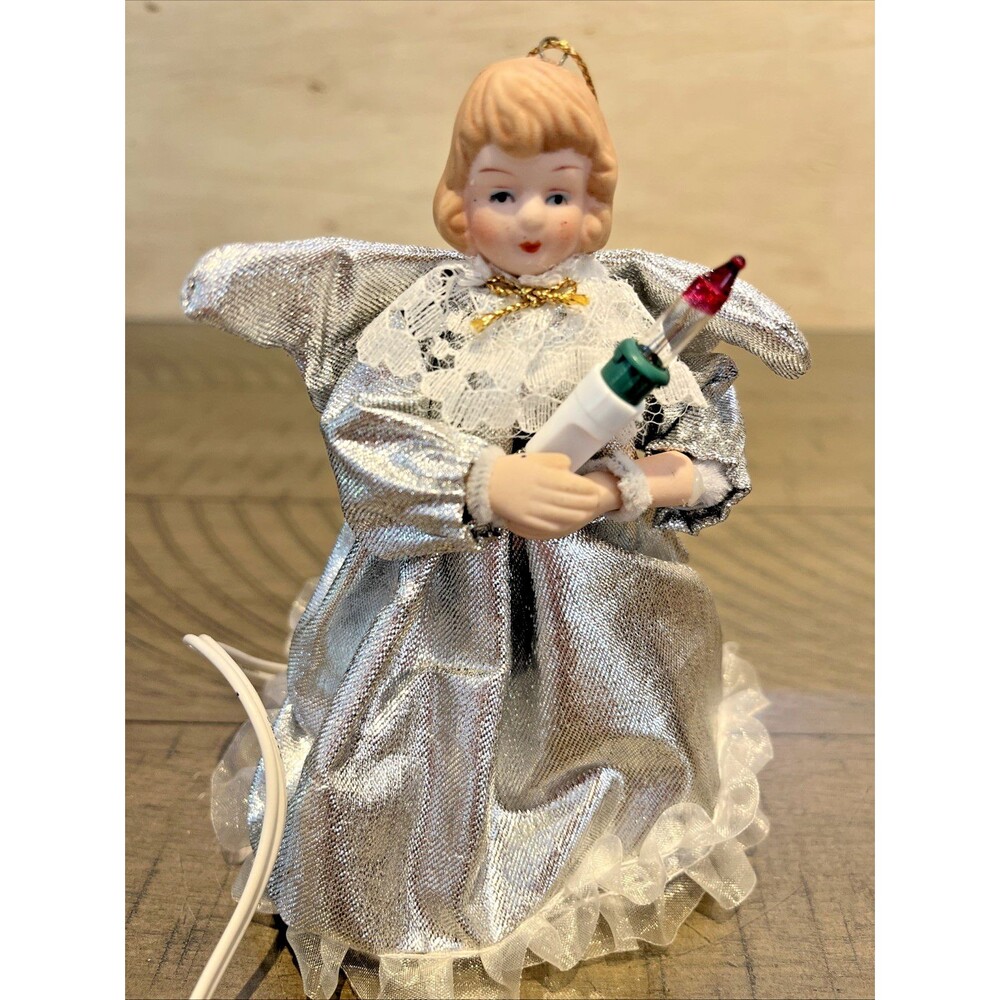 VTG Victorian Light Up Pig Tail Angel Tree Topper Ornament White Silver Christma